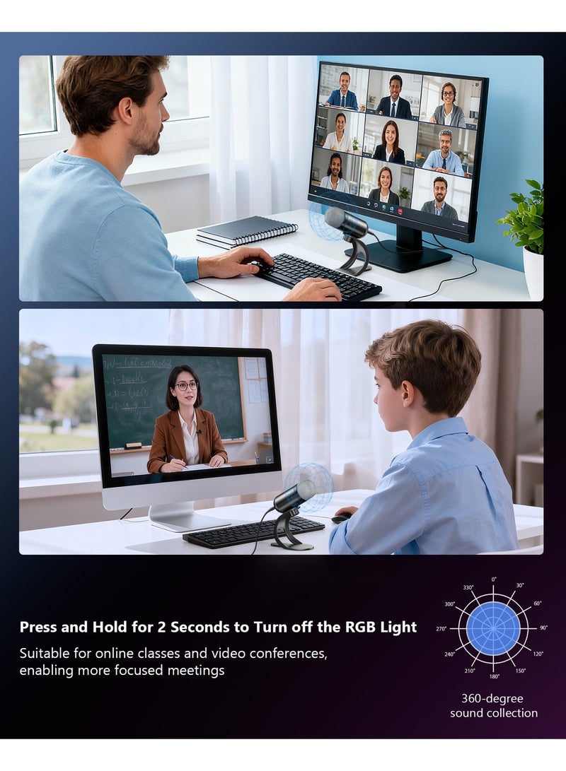 كينجوان ميكروفون ألعاب USB للكمبيوتر، عالي الحساسية، ميكروفون مكتبي متعدد الاتجاهات/أحادي الاتجاه، كتم صوت بلمسة واحدة، توصيل وتشغيل فوري، التقاط صوت بزاوية 360 درجة، تصميم سلكي صغير الحجم - Image 3